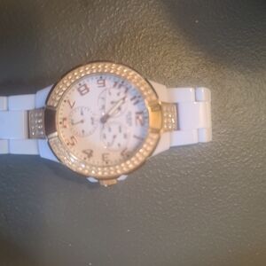 White Ceramic-Look Chronograph Watch with Gold Accents and Crystal Bezel